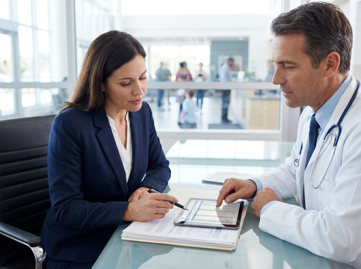 Physician consulting with hospital administrator in a modern clinical setting